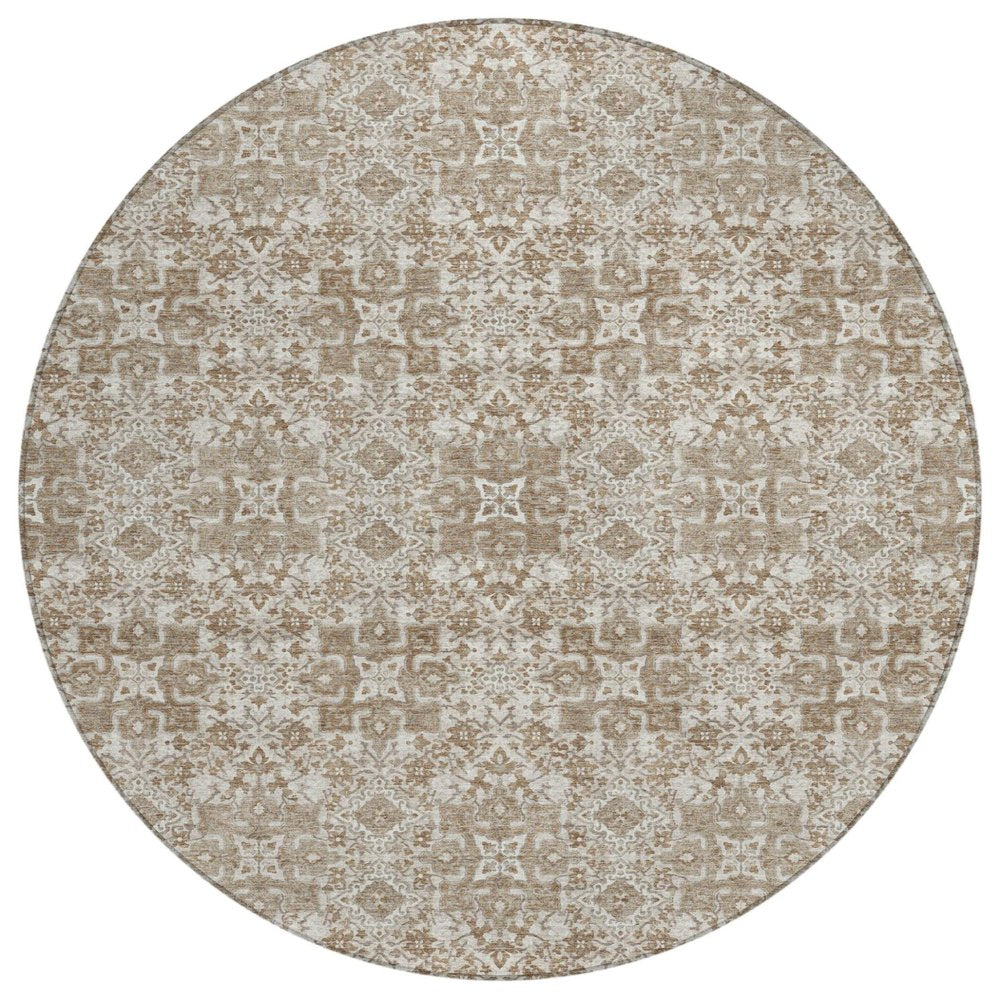 8' Beige And Khaki Round Oriental Washable Indoor Outdoor Area Rug HomeRoots
