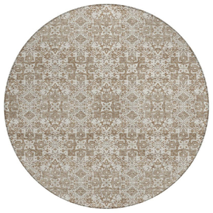 8' Beige And Khaki Round Oriental Washable Indoor Outdoor Area Rug HomeRoots