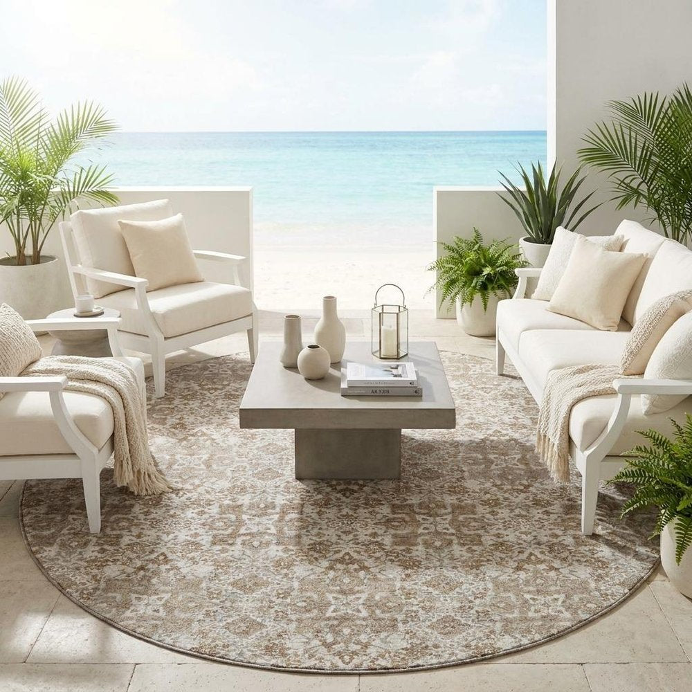 8' Beige And Khaki Round Oriental Washable Indoor Outdoor Area Rug HomeRoots