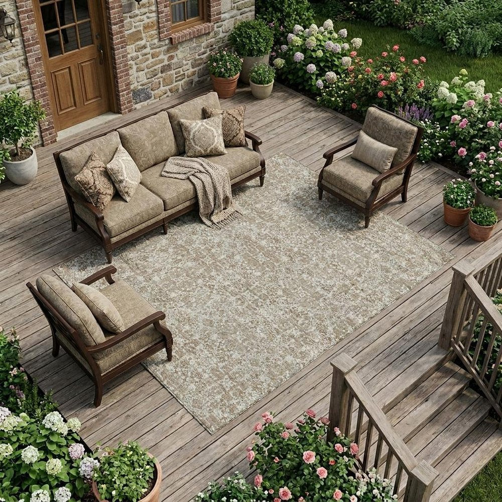 9' X 12' Beige And Khaki Oriental Washable Indoor Outdoor Area Rug — view 5