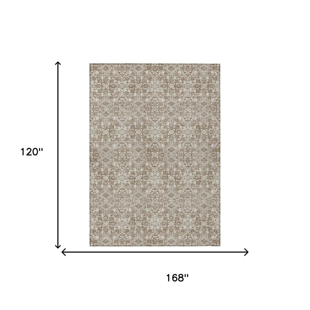 10' X 14' Beige And Khaki Oriental Washable Indoor Outdoor Area Rug HomeRoots