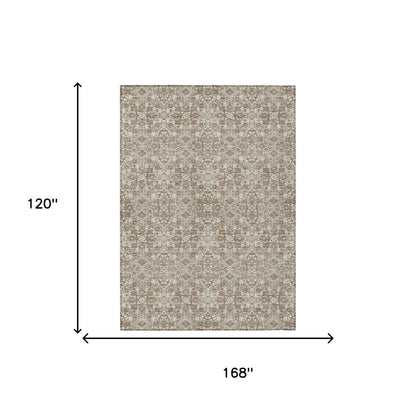 10' X 14' Beige And Khaki Oriental Washable Indoor Outdoor Area Rug