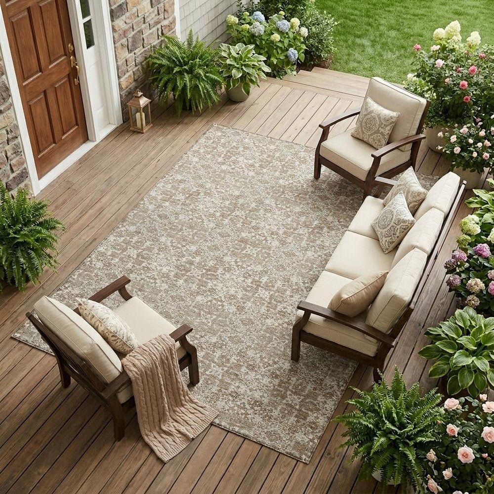 10' X 14' Beige And Khaki Oriental Washable Indoor Outdoor Area Rug — view 5