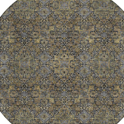 8' Black And Brown Round Oriental Washable Indoor Outdoor Area Rug