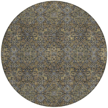 8' Black And Brown Round Oriental Washable Indoor Outdoor Area Rug