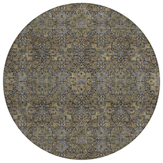8' Black And Brown Round Oriental Washable Indoor Outdoor Area Rug
