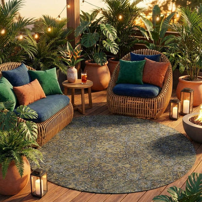 8' Black And Brown Round Oriental Washable Indoor Outdoor Area Rug