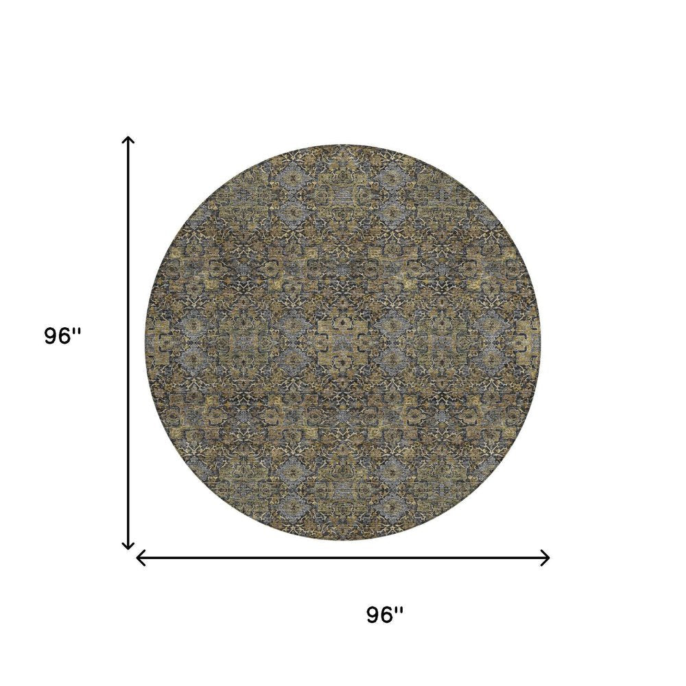 8' Black And Brown Round Oriental Washable Indoor Outdoor Area Rug HomeRoots