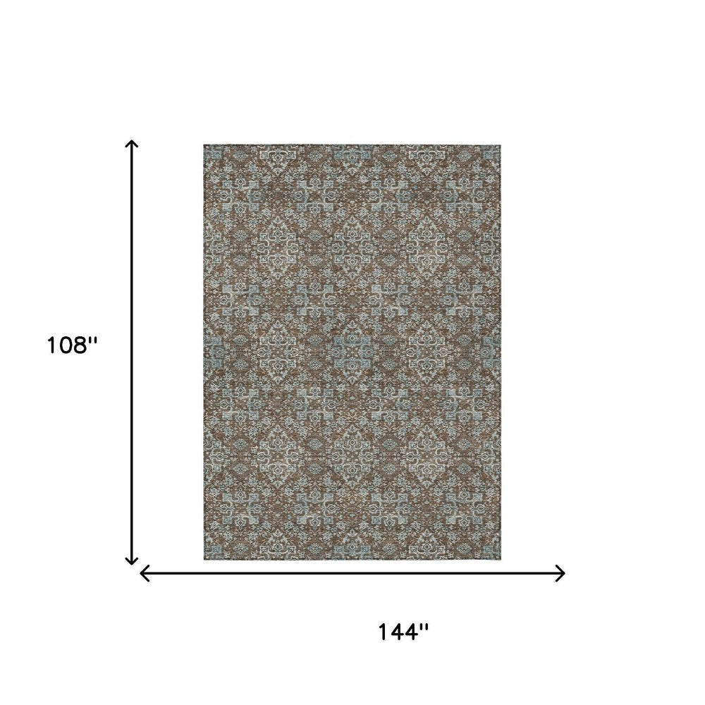 9' X 12' Chocolate And Pearl Oriental Washable Indoor Outdoor Area Rug — view 11