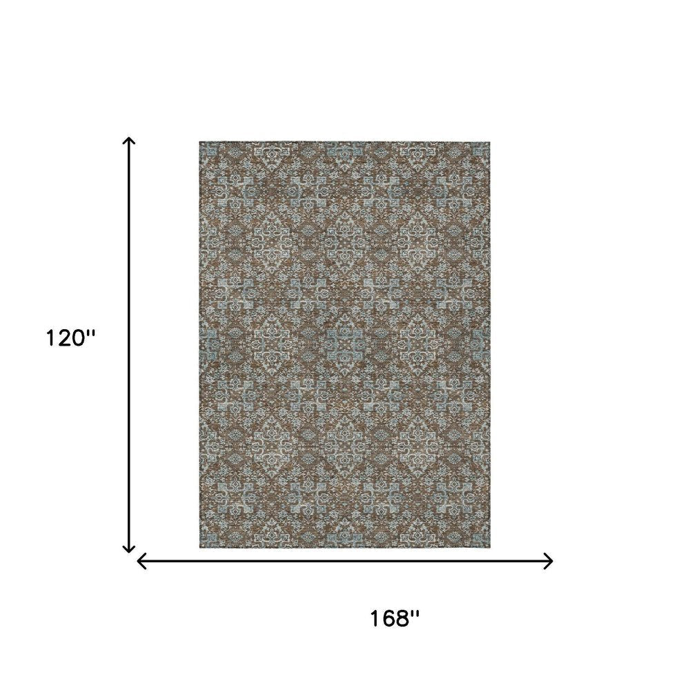 10' X 14' Chocolate And Pearl Oriental Washable Indoor Outdoor Area Rug