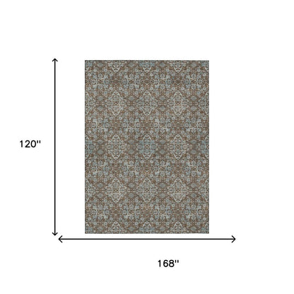 10' X 14' Chocolate And Pearl Oriental Washable Indoor Outdoor Area Rug