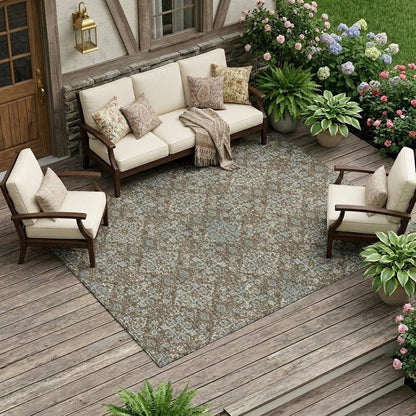 10' X 14' Chocolate And Pearl Oriental Washable Indoor Outdoor Area Rug