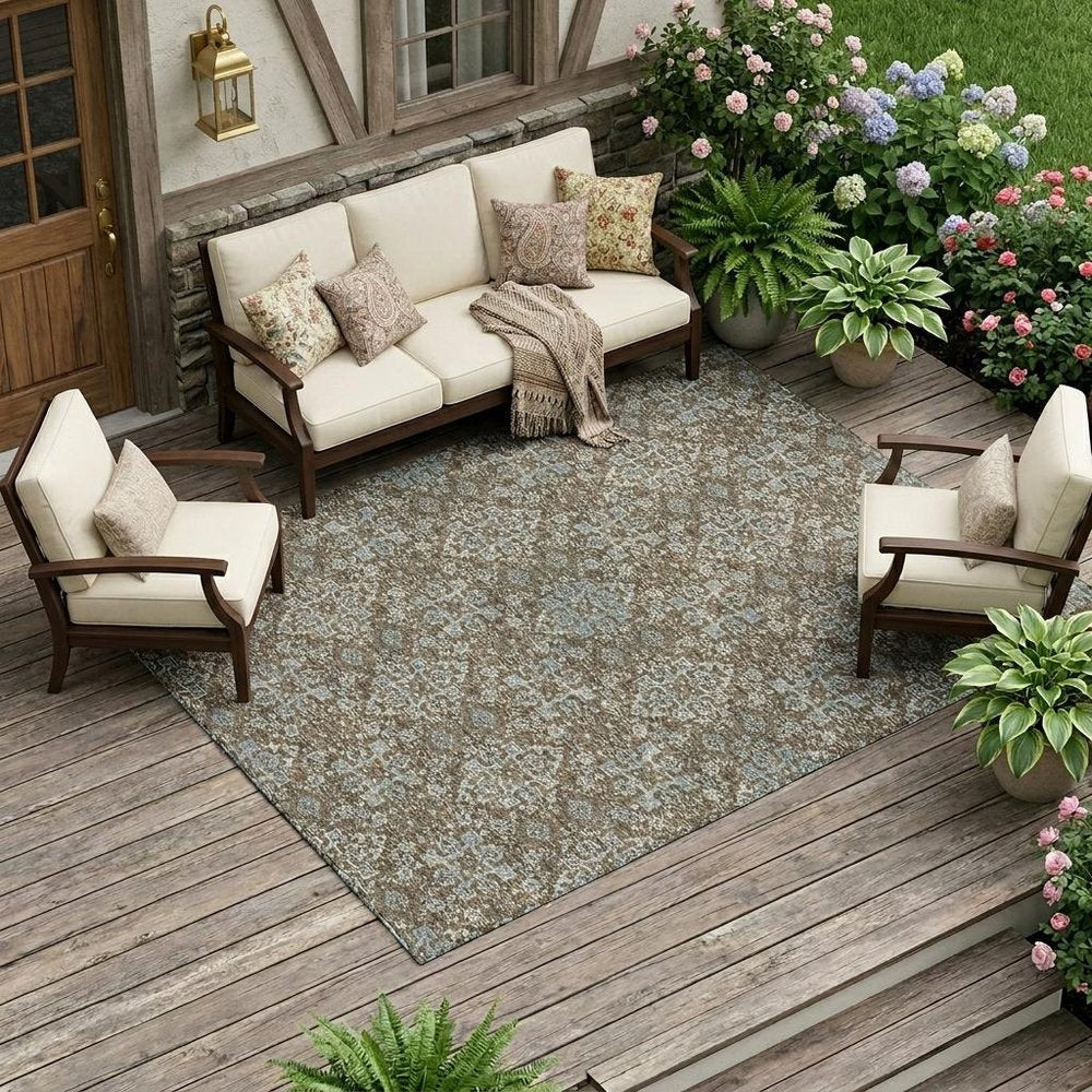 10' X 14' Chocolate And Pearl Oriental Washable Indoor Outdoor Area Rug — view 5