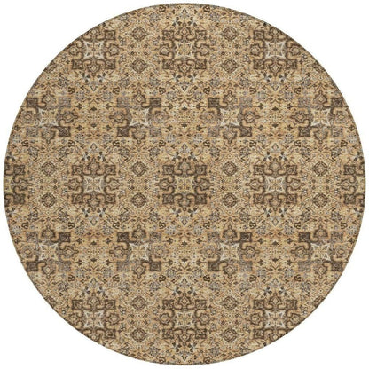8' Copper And Green Round Oriental Washable Indoor Outdoor Area Rug