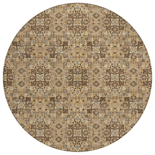 8' Copper And Green Round Oriental Washable Indoor Outdoor Area Rug