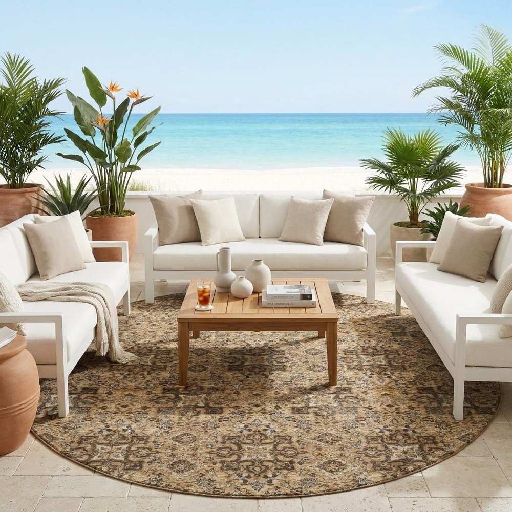 8' Copper And Green Round Oriental Washable Indoor Outdoor Area Rug — view 5