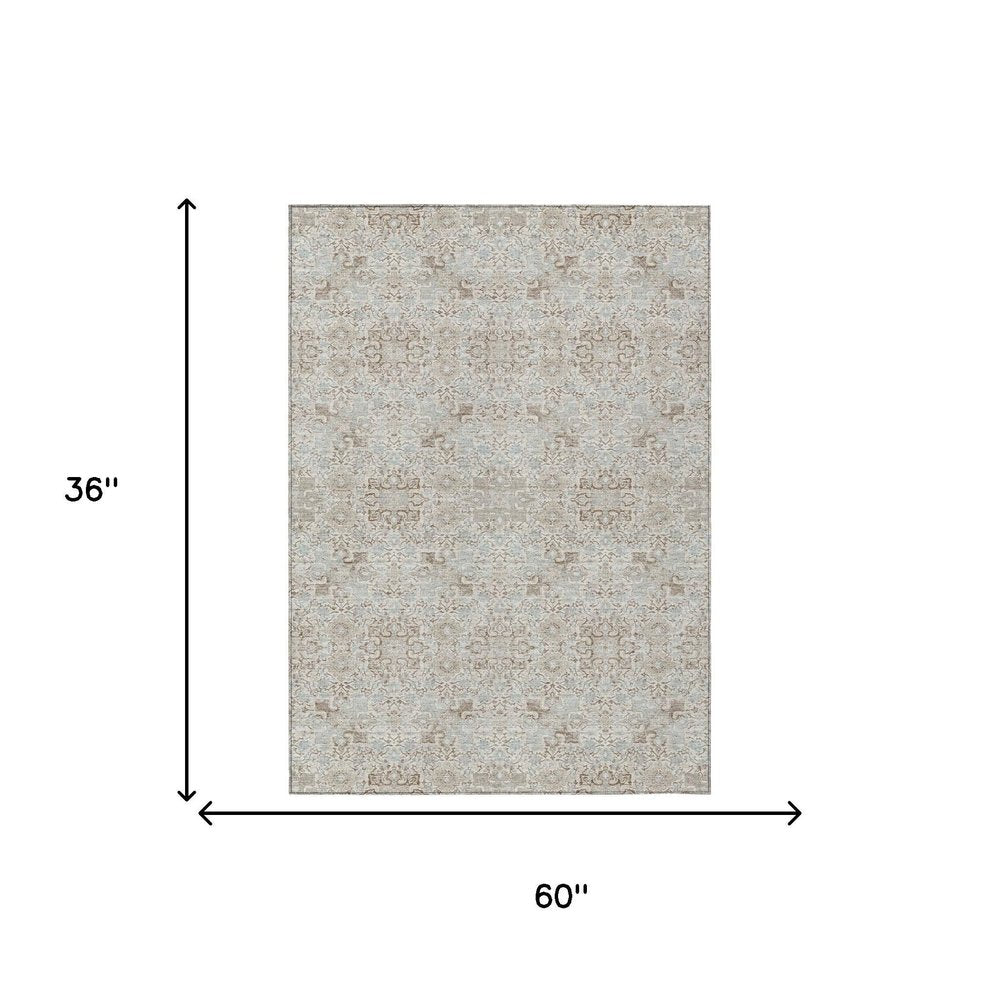 3' X 5' Ivory And Gray Oriental Washable Indoor Outdoor Area Rug