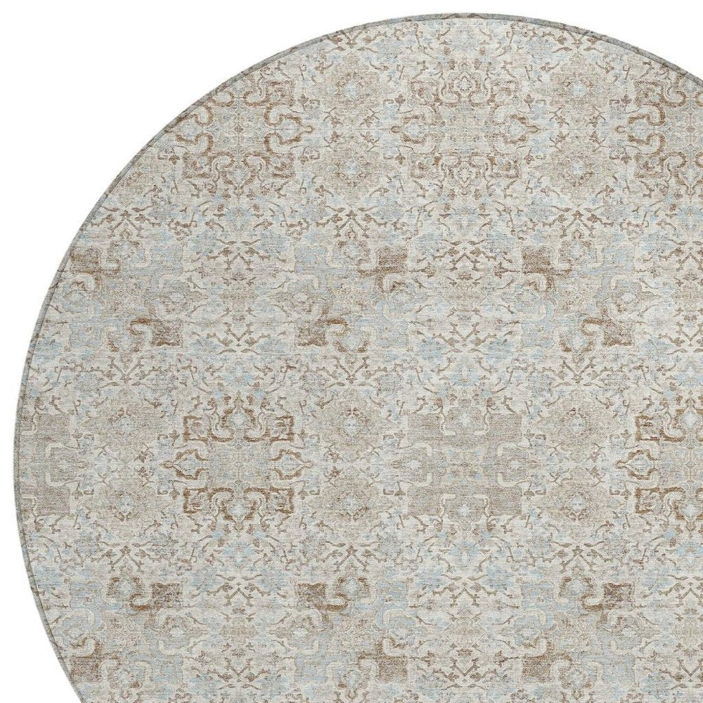 8' Ivory And Gray Round Oriental Washable Indoor Outdoor Area Rug — view 7