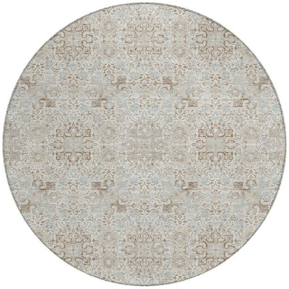 8' Ivory And Gray Round Oriental Washable Indoor Outdoor Area Rug