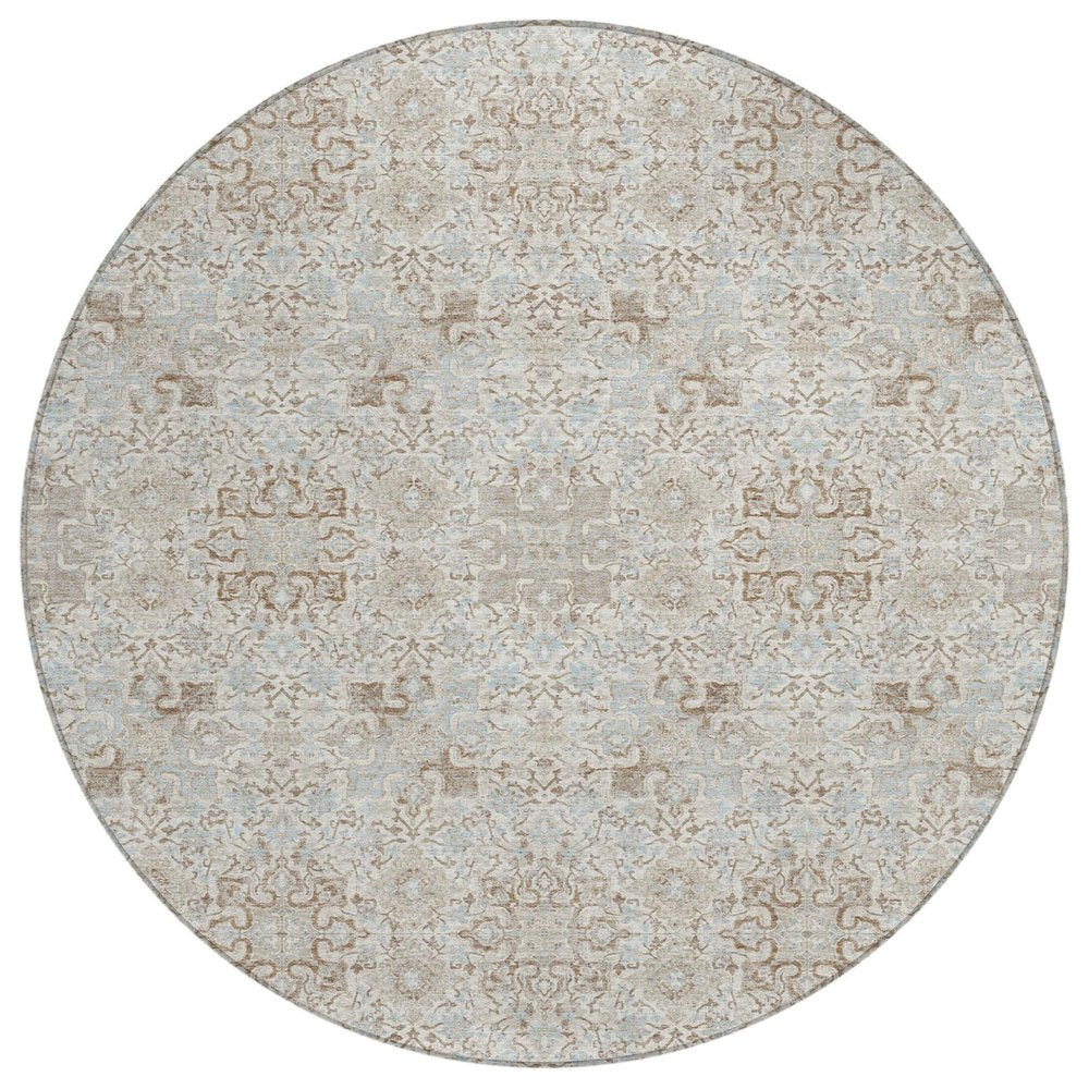 8' Ivory And Gray Round Oriental Washable Indoor Outdoor Area Rug — view 2