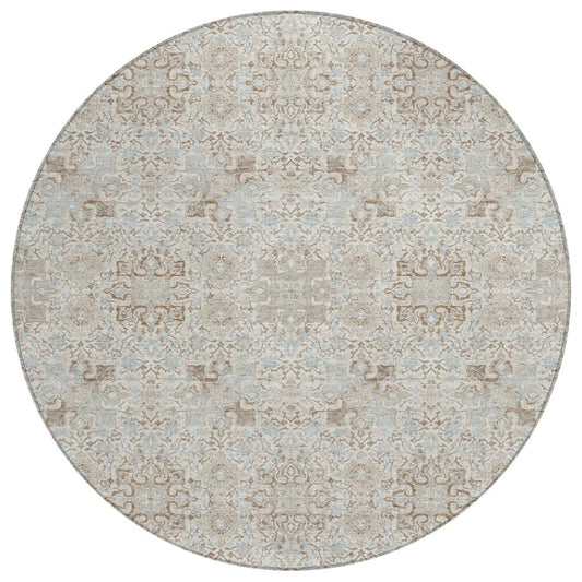 8' Ivory And Gray Round Oriental Washable Indoor Outdoor Area Rug