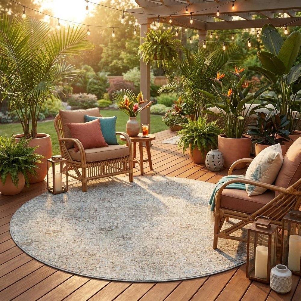 8' Ivory And Gray Round Oriental Washable Indoor Outdoor Area Rug HomeRoots