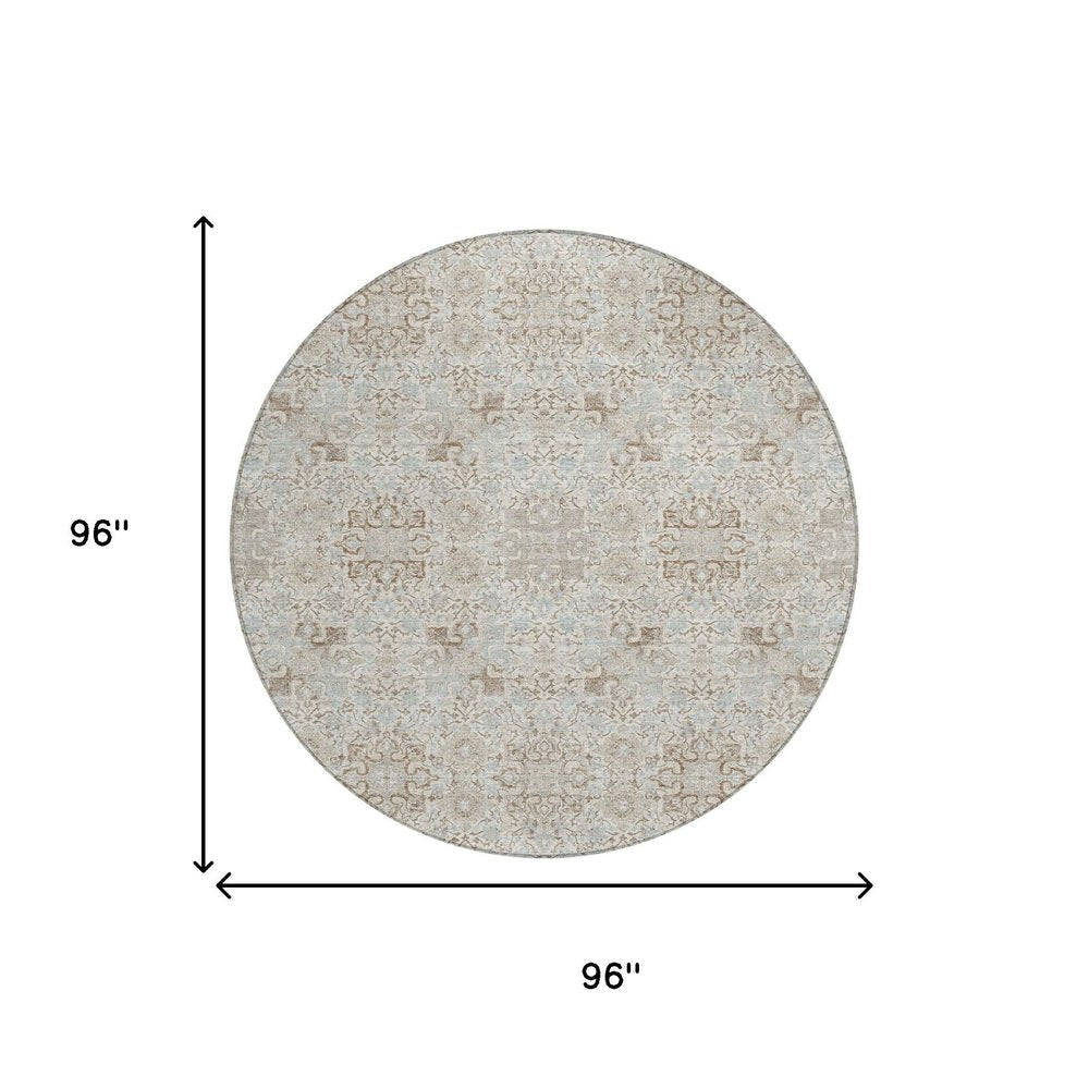 8' Ivory And Gray Round Oriental Washable Indoor Outdoor Area Rug HomeRoots