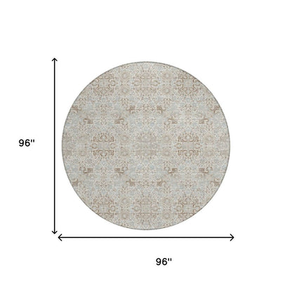 8' Ivory And Gray Round Oriental Washable Indoor Outdoor Area Rug