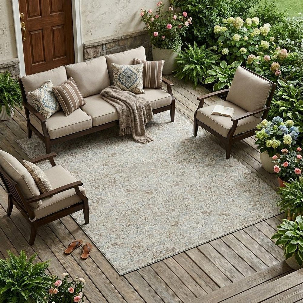 8' X 10' Ivory And Gray Oriental Washable Indoor Outdoor Area Rug — view 5