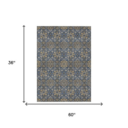 3' X 5' Navy Blue And Silver Oriental Washable Indoor Outdoor Area Rug HomeRoots