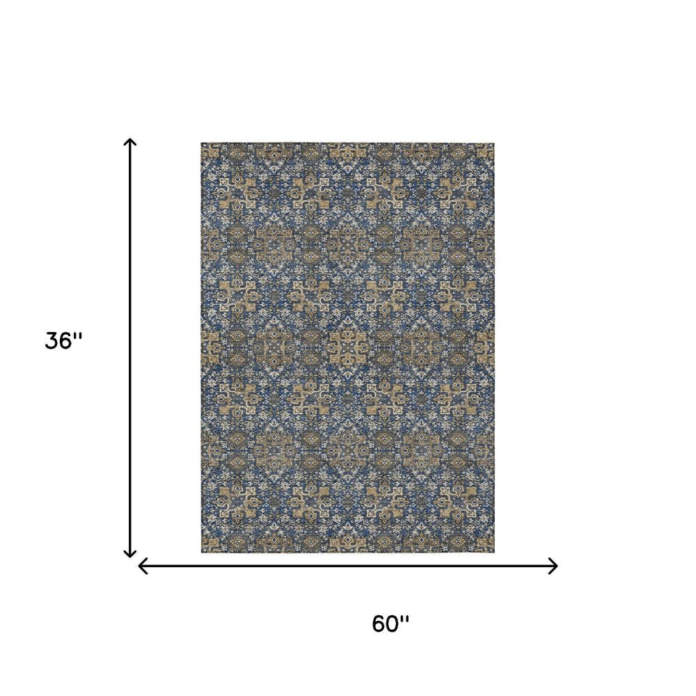 3' X 5' Navy Blue And Silver Oriental Washable Indoor Outdoor Area Rug — view 9
