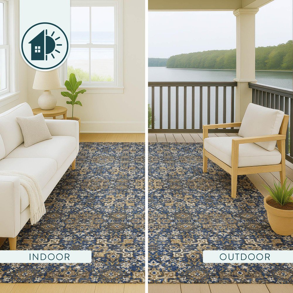 3' X 5' Navy Blue And Silver Oriental Washable Indoor Outdoor Area Rug — view 11