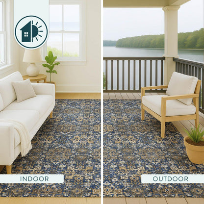 3' X 5' Navy Blue And Silver Oriental Washable Indoor Outdoor Area Rug HomeRoots
