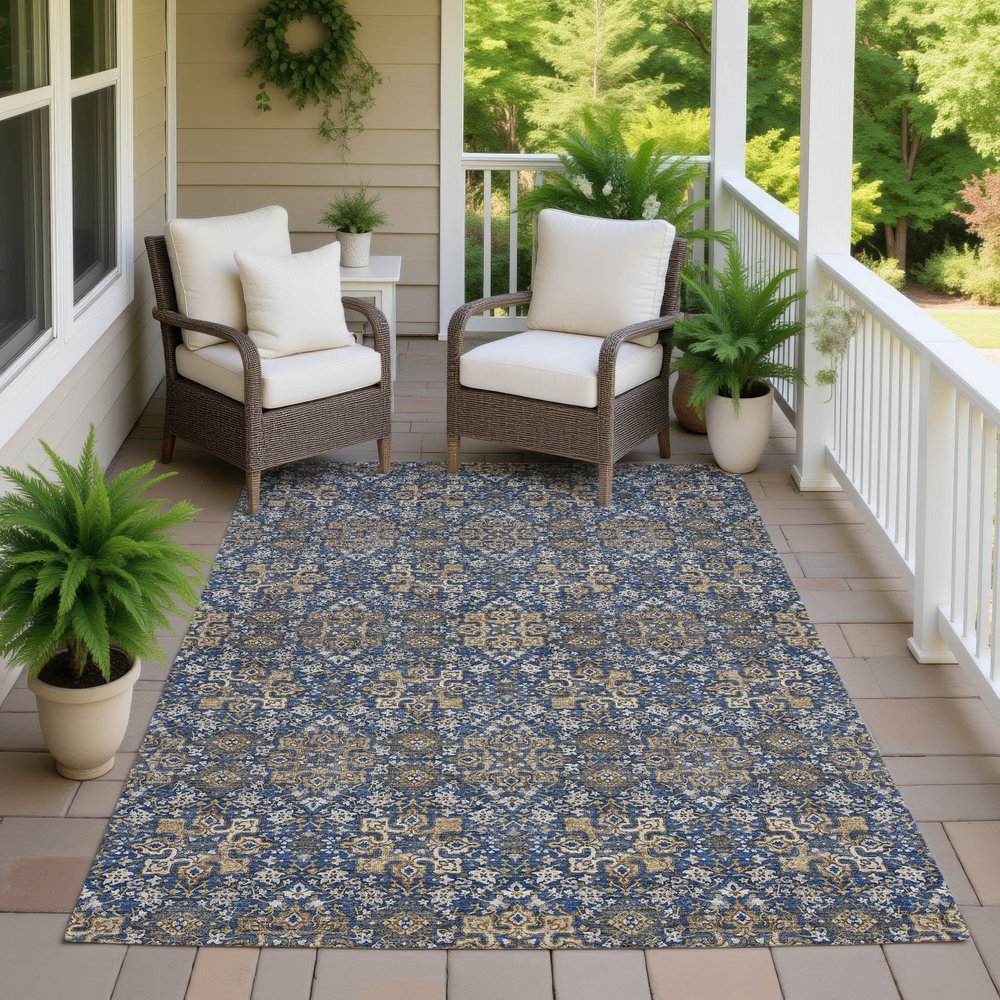 3' X 5' Navy Blue And Silver Oriental Washable Indoor Outdoor Area Rug HomeRoots