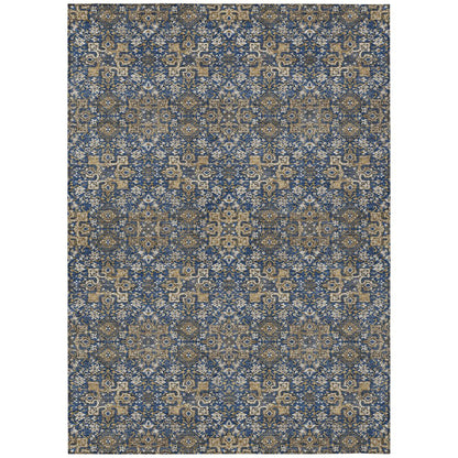 3' X 5' Navy Blue And Silver Oriental Washable Indoor Outdoor Area Rug HomeRoots
