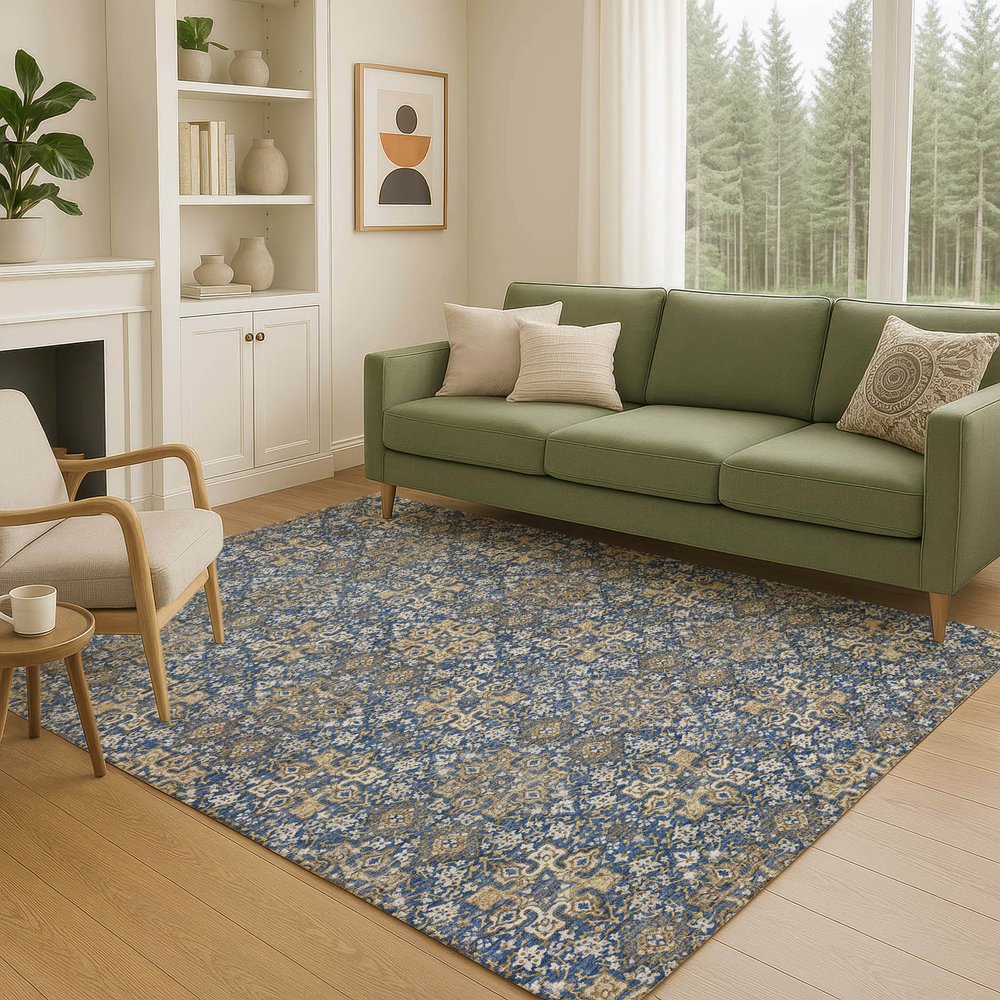 3' X 5' Navy Blue And Silver Oriental Washable Indoor Outdoor Area Rug — view 5