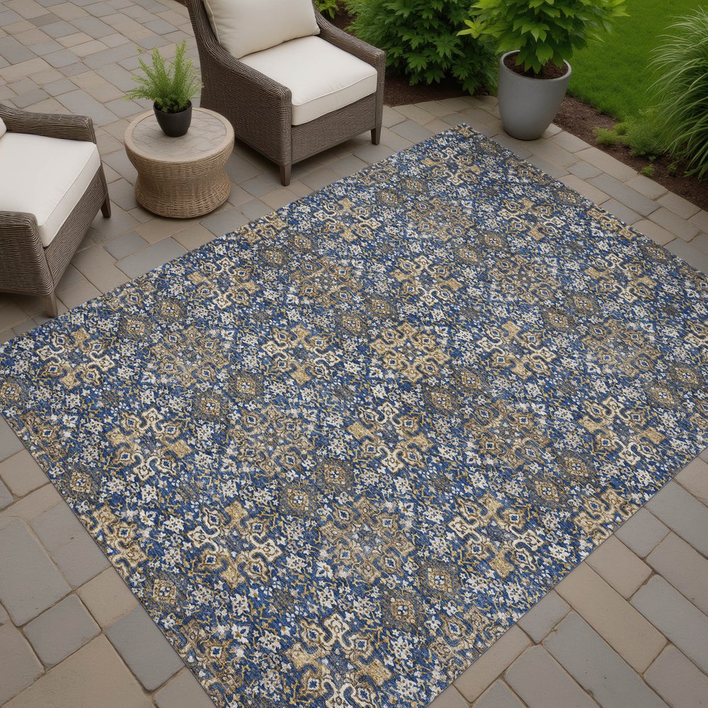 3' X 5' Navy Blue And Silver Oriental Washable Indoor Outdoor Area Rug HomeRoots