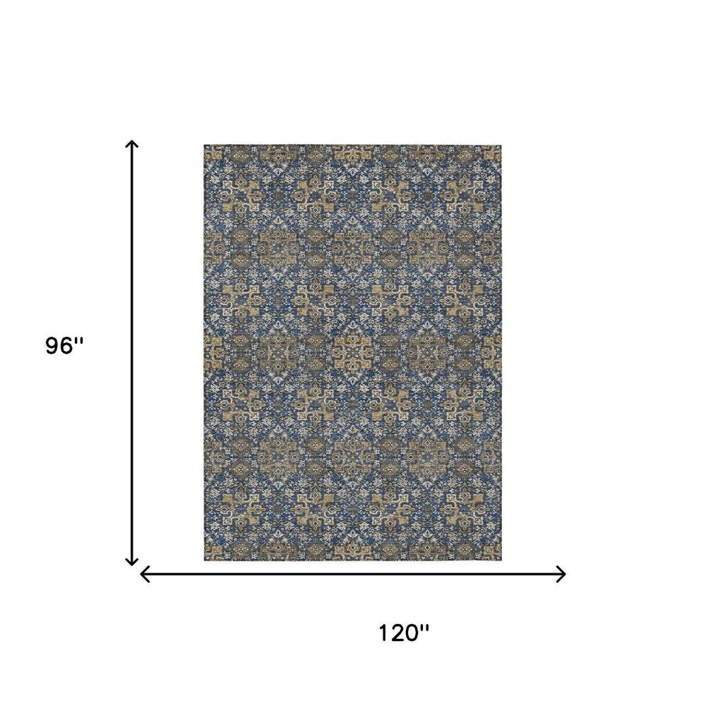 8' X 10' Navy Blue And Silver Oriental Washable Indoor Outdoor Area Rug HomeRoots