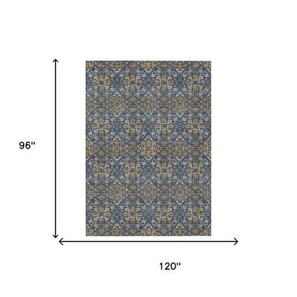 8' X 10' Navy Blue And Silver Oriental Washable Indoor Outdoor Area Rug HomeRoots