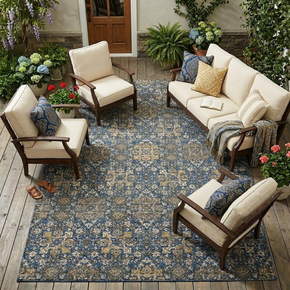 8' X 10' Navy Blue And Silver Oriental Washable Indoor Outdoor Area Rug — view 5
