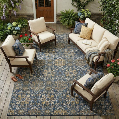8' X 10' Navy Blue And Silver Oriental Washable Indoor Outdoor Area Rug HomeRoots