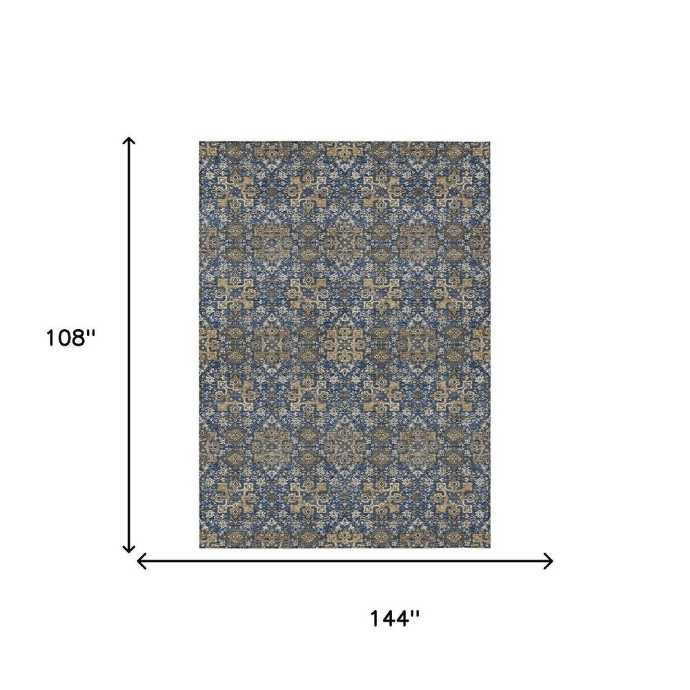 9' X 12' Navy Blue And Silver Oriental Washable Indoor Outdoor Area Rug HomeRoots