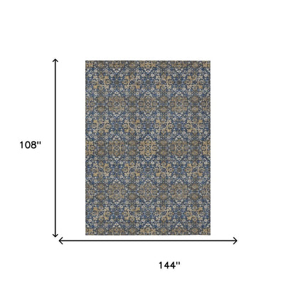 9' X 12' Navy Blue And Silver Oriental Washable Indoor Outdoor Area Rug HomeRoots