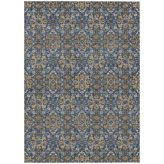 9' X 12' Navy Blue And Silver Oriental Washable Indoor Outdoor Area Rug