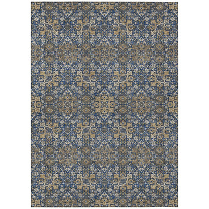 9' X 12' Navy Blue And Silver Oriental Washable Indoor Outdoor Area Rug HomeRoots