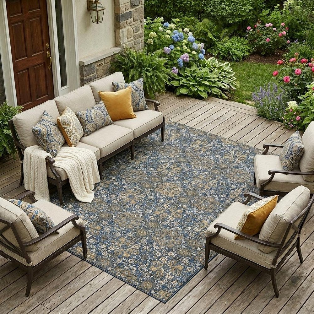 9' X 12' Navy Blue And Silver Oriental Washable Indoor Outdoor Area Rug HomeRoots