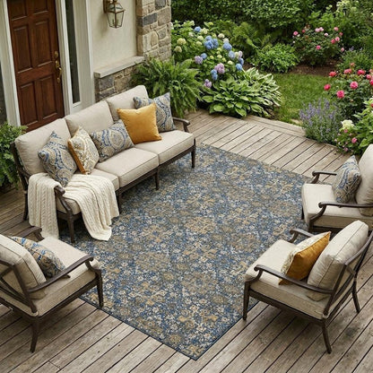 9' X 12' Navy Blue And Silver Oriental Washable Indoor Outdoor Area Rug HomeRoots