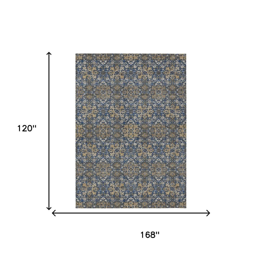 10' X 14' Navy Blue And Silver Oriental Washable Indoor Outdoor Area Rug — view 4