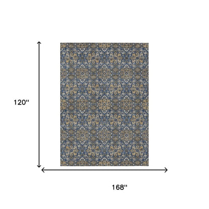 10' X 14' Navy Blue And Silver Oriental Washable Indoor Outdoor Area Rug