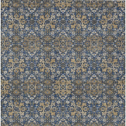 10' X 14' Navy Blue And Silver Oriental Washable Indoor Outdoor Area Rug